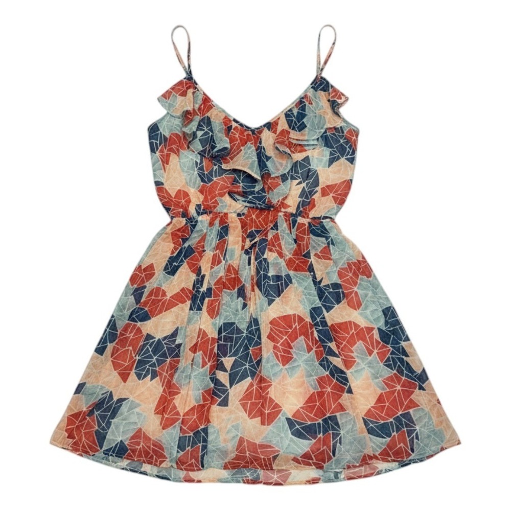 BCBGeneration Dress Geometric Ruffle V-Neck Mini Fit & Flare XXS Women